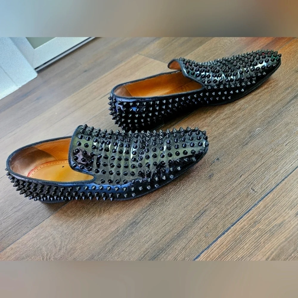 Louboutin Men's Black Dandelion Spikes Flat Patent - Size 45 US 11